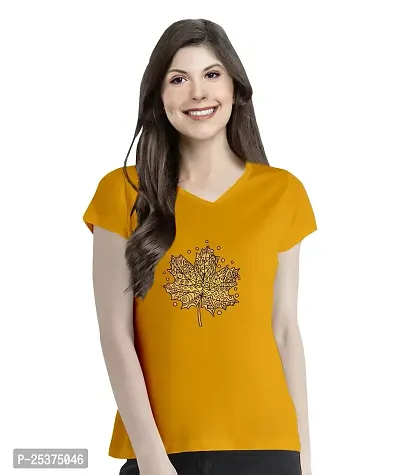OPLU Women's Regular Fit Mandala Leaf Cotton Graphic Printed V Neck Half Sleeves Tshirt. Trendy, Trending Tshirts, Offer, Discount, Sale.(Pooplu_Yellow_L)
