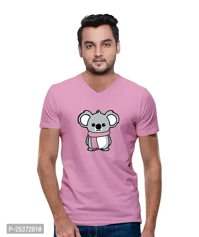 OPLU Men's Koala Winter Cotton Graphic Printed V Neck Half Sleeves Tshirt. Trendy, Trending Tshirts, Offer, Discount, Sale.(Pooplu_Babypink_XL)