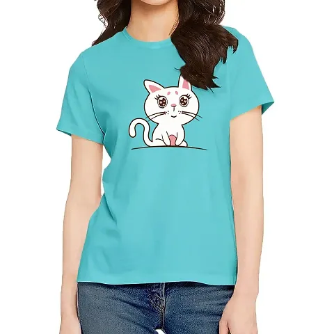 Pooplu Women's Regular Fit Premium Tshirt Cute Cat Cotton Printed Round Neck Half Sleeves Multicolour T Shirt. Cute Animal, Pootlu Animal Tshirts