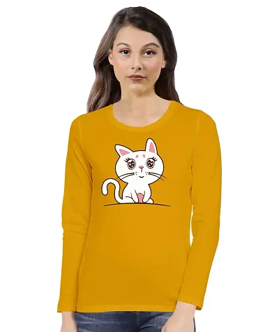 OPLU Women's Regular Fit Cute Cat Cotton Graphic Printed Round Neck Full Sleeves Tshirt. Trendy, Pootlu, Offer, Discount, Sale