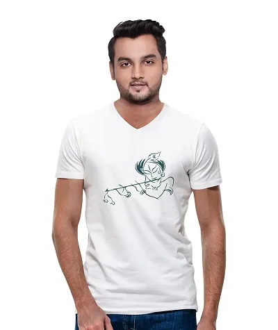 OPLU Men's Regular Fit Lord Krishna Cotton Graphic Printed V Neck Half Sleeves T-Shirt. Trendy, Pootlu, Offer, Discount, Sale