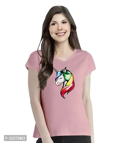 OPLU Women's Regular Fit Colorful Unicorn Cotton Printed V Neck Half Sleeves Pootlu Tshirt. Trendy, Trending Tshirts, Offer, Discount, Sale, (Pooplu_Babypink_XL)
