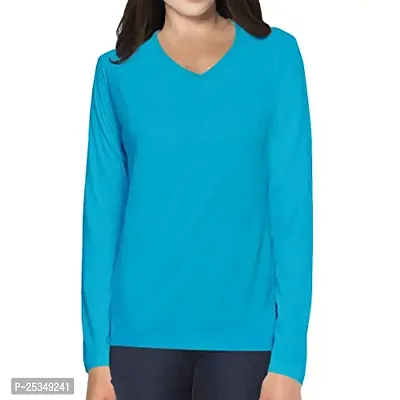 Premium Women Plain 100% Cotton V Neck Full Sleeves Multicolour T Shirt, Casual Plain Tshirts-thumb0