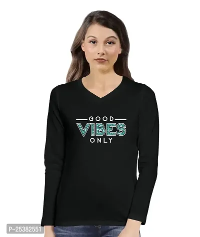 OPLU Women's Regular Fit Good Vibes only Cotton Graphic Printed V Neck Full Sleeves Tshirt. Trendy, Pootlu Trending Tshirts, Offer, Discount, Sale, (Pooplu_Black_Small)