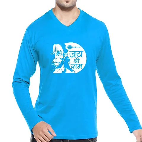 OPLU Men's Regular Fit Jai shri ram with Hanuman Cotton Graphic Printed V Neck Full Sleeves T-Shirt. Trendy, Pootlu, Offer, Discount, Sale