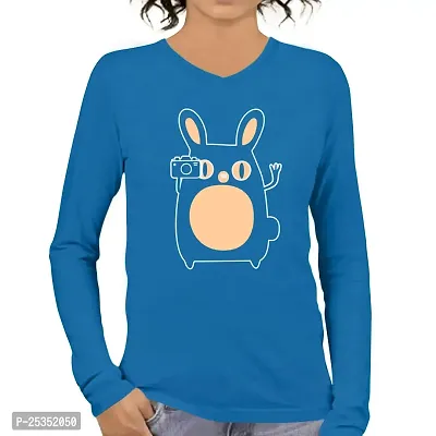 Pooplu Graphic Printed Women Tshirt Rabbit Cotton Printed V Neck Full Sleeves Animal, Cute Animal Tees and Tshirts (Blue_X-Large)-thumb0