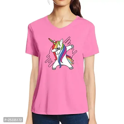Pooplu Womens Unicorn Dab Cotton Printed V Neck Half Sleeves Multicolored Tshirt. Animal Tshirts