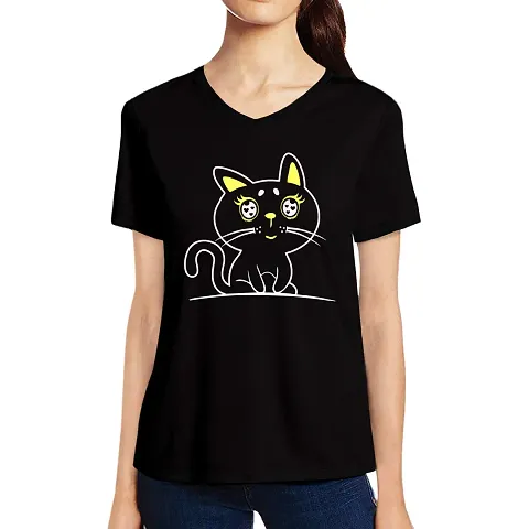 Pooplu Women's Regular Fit Tshirt Cute Cat Cotton Printed V Neck Half Sleeves Multicolour T Shirt. Animal, Cute Pootlu Animal Tshirts