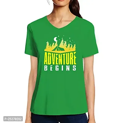 OPLU Graphic Printed Women Tshirt Adventure Begins Cotton Printed V Neck Half Sleeves Adventure, Trending, Travel, Tour Tees and Tshirts, Pootlu.