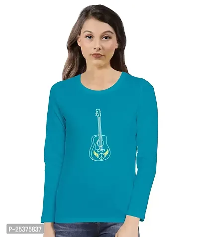 OPLU Women's Regular Fit Peace Guitar Cotton Graphic Printed Round Neck Full Sleeves Tshirt. Trendy, Trending Tshirts, Offer, Discount, Sale.(Pooplu_Turquoise_L)
