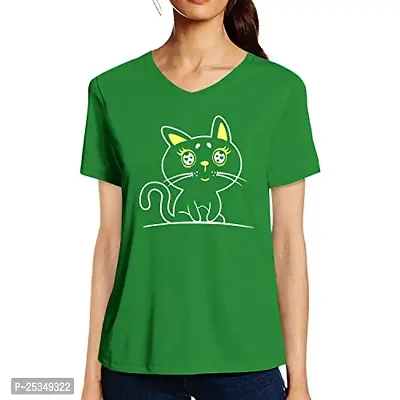 Pooplu Graphic Printed Women Tshirt Cute Cat Cotton Printed V Neck Half Sleeves Animal, Cute Animal Tees and Tshirts (Green_Small)