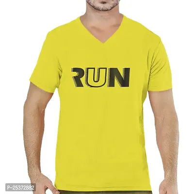 OPLU Men's Regular Fit Run Text Cotton Printed V Neck Half Sleeves Tshirt. Trendy, Trending Tshirts, Offer, Discount, Sale.(Pooplu_Yellow_X-Large)