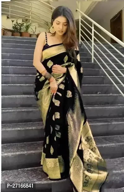 Stylish Silk Blend Black Saree with Blouse piece For Women