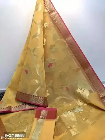 Stylish Silk Blend Yellow Saree with Blouse piece For Women-thumb0