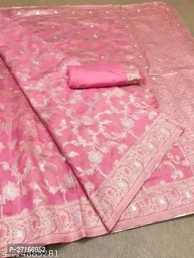 Stylish Silk Blend Pink Saree with Blouse piece For Women-thumb0