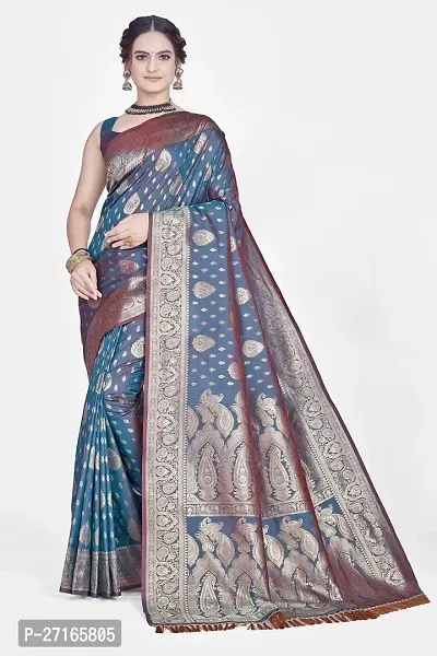 Stylish Art Silk Blue Saree with Blouse piece For Women-thumb0