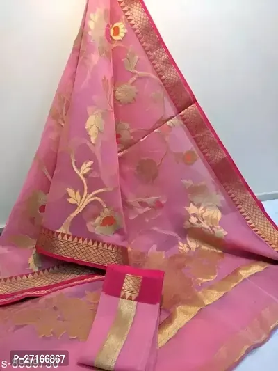 Stylish Silk Blend Pink Saree with Blouse piece For Women-thumb0