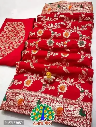 Stylish Silk Blend Red Saree with Blouse piece For Women-thumb0