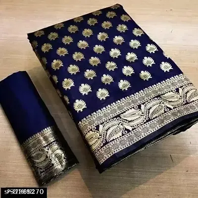 Stylish Silk Blend Navy Blue Saree with Blouse piece For Women-thumb0