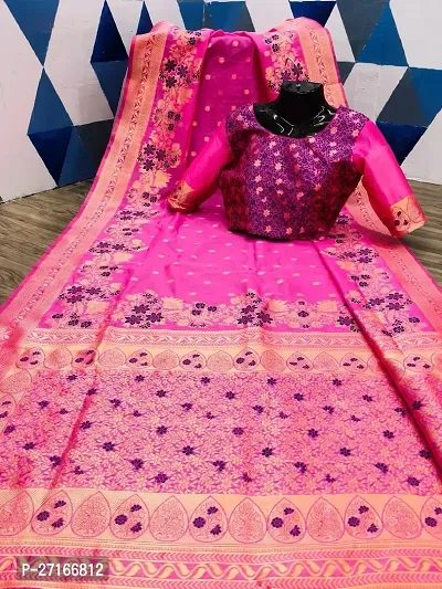 Stylish Silk Blend Pink Saree with Blouse piece For Women-thumb0