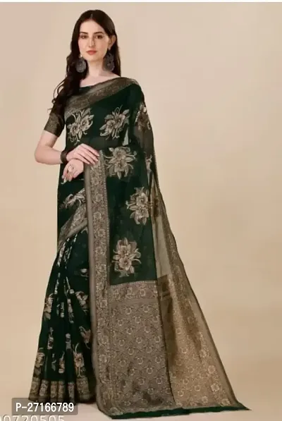 Stylish Silk Blend Green Saree with Blouse piece For Women-thumb0