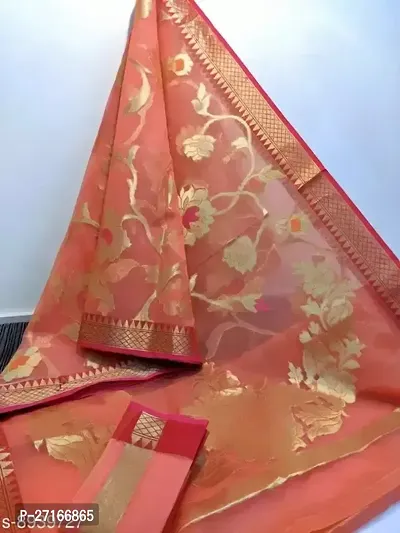 Stylish Silk Blend Orange Saree with Blouse piece For Women-thumb0