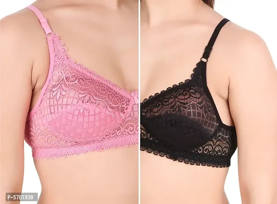 Lace Light Pink  Black Lace Work Bra For Women (Pack Of 2)