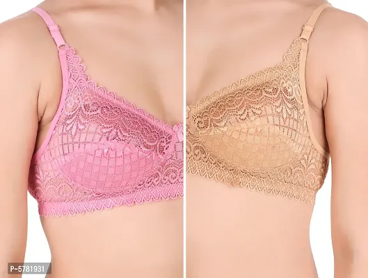 Lace Light Pink  Beige Lace Work Bra For Women (Pack Of 2)