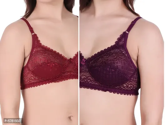 Lace Maroon  Purple Lace Work Bra For Women (Pack Of 2)
