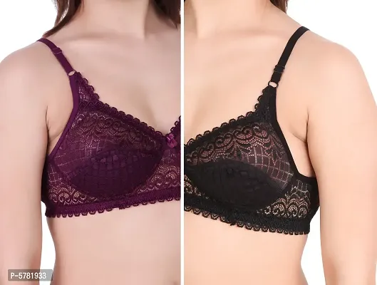 Lace Purple  Black Lace Work Bra For Women (Pack Of 2)