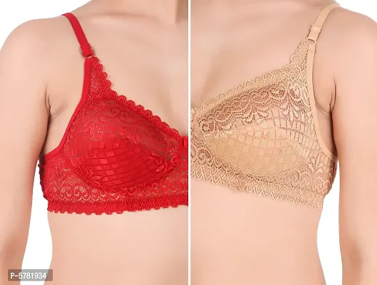 Lace Red  Beige Lace Work Bra For Women (Pack Of 2)