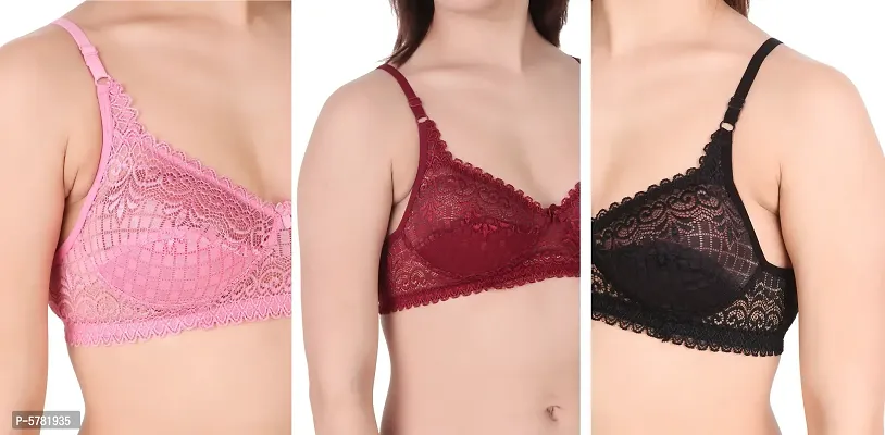 Lace Light Pink  Maroon  Black Lace Work Bra For Women (Pack Of 3)