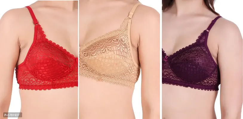 Lace Red  Beige  Purple Lace Work Bra For Women (Pack Of 3)