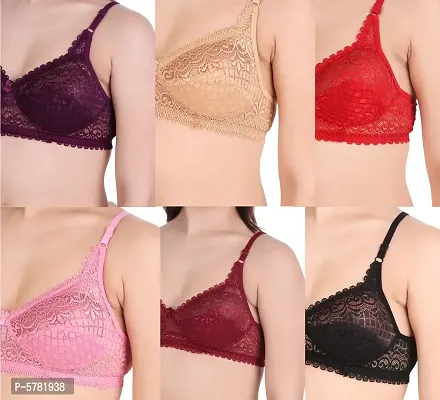Lace Red  Beige  Purple  Light Pink  Maroon  Black Lace Work Bra For Women (Pack Of 6)-thumb0