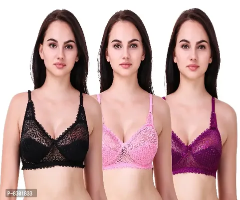 Classy Net Embroidered Non Padded Bras Pack of 3