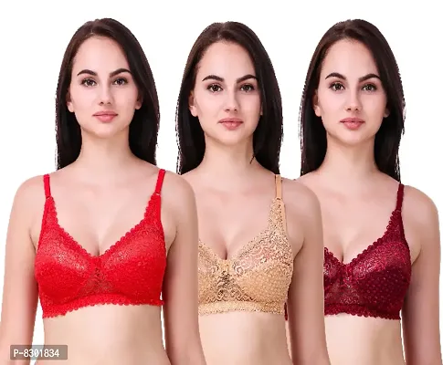 Classy Net Embroidered Non Padded Bras (Pack of 3