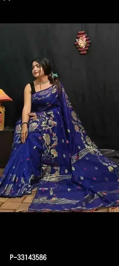 Beautiful Cotton Blend Navy Blue Woven Design  Saree without Blouse piece For Women