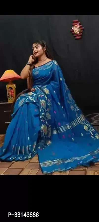 Stylish Blue Cotton Blend Printed Saree Without Blouse Piece For Women