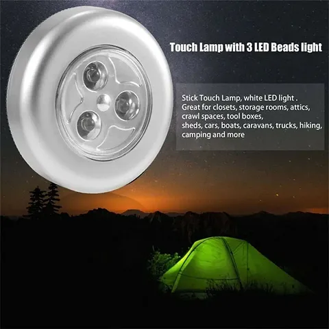 DeoDap Round Shaped LED Battery-Powered Wireless Night Light Stick Tap Night Lamp - 3 pcs (Silver)