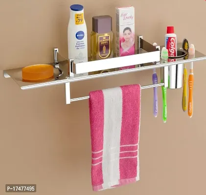 VAIVA 4 in 1 Multipurpose Bathroom Shelf Rack , Bathroom Towel Hanger, Tumbler Holder/Soap Dish with Tumbler , Shelf Rack (4 in 1 Shelf )-thumb0