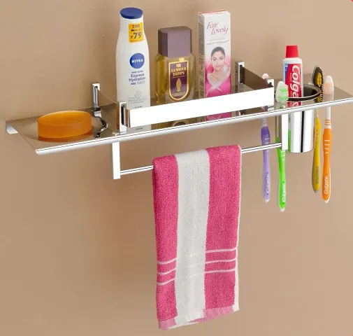 VAIVA 4 in 1 Multipurpose Bathroom Shelf Rack , Bathroom Towel Hanger, Tumbler Holder/Soap Dish with Tumbler , Shelf Rack (4 in 1 Shelf )