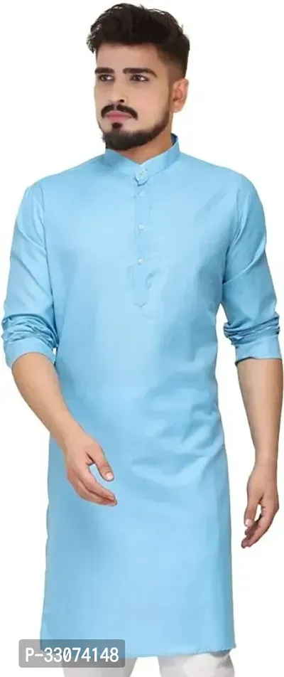 Stylish Blue Cotton Printed Long Length Kurta For Men-thumb0