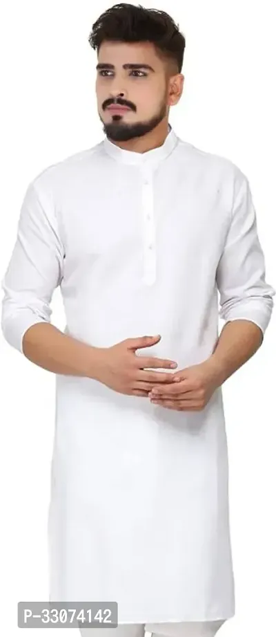 Stylish White Cotton Printed Long Length Kurta For Men-thumb0