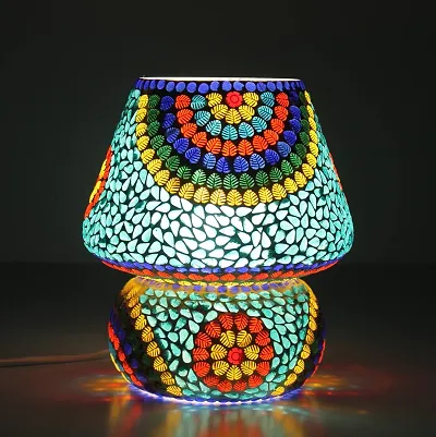 Apoorva Glass Blue Mosaic Table Lamps for Home Decor Multi Color Mushroom Shape Turkish Glass Table Lamps (Big)