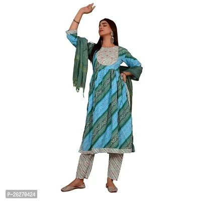 Beautiful Anarkali Sky Blue Printed Cotton Kurta Pant and Dupatta Set For Women