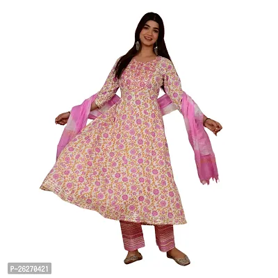Beautiful Anarkali Pink Printed Cotton Kurta Pant and Dupatta Set For Women