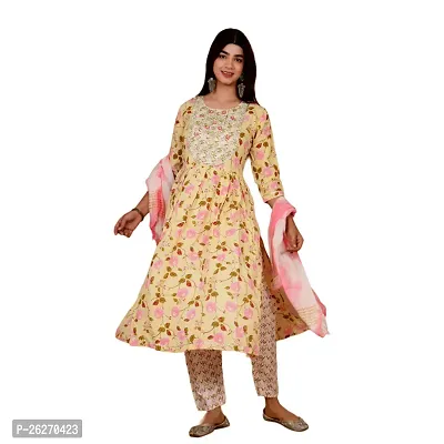 Beautiful Anarkali Yellow Printed Cotton Kurta Pant and Dupatta Set For Women