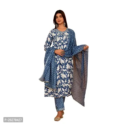 Beautiful Anarkali Blue Printed Cotton Kurta Pant and Dupatta Set For Women