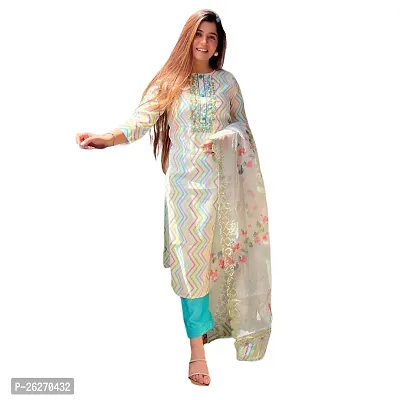Beautiful Anarkali White Printed Cotton Kurta Pant and Dupatta Set For Women-thumb0