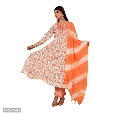 Beautiful Anarkali Orange Printed Cotton Kurta Pant and Dupatta Set For Women